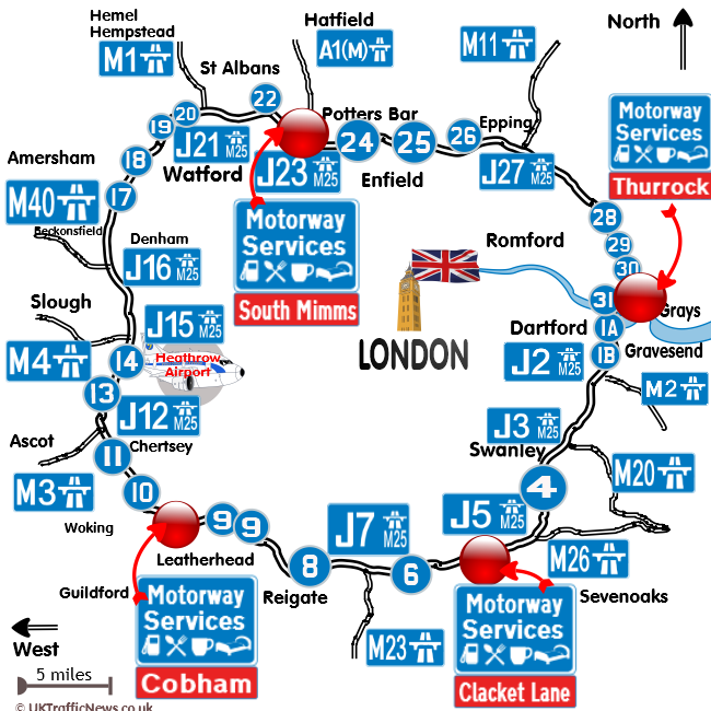 map of the M25 motorways service locations