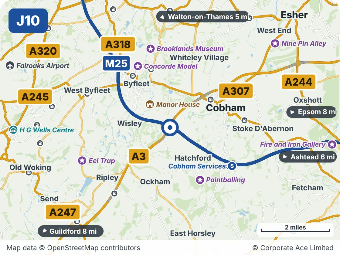 Map of the area within about 5 miles of M25 Junction 10: Wisley, showing the towns, villages, roads and places to visit