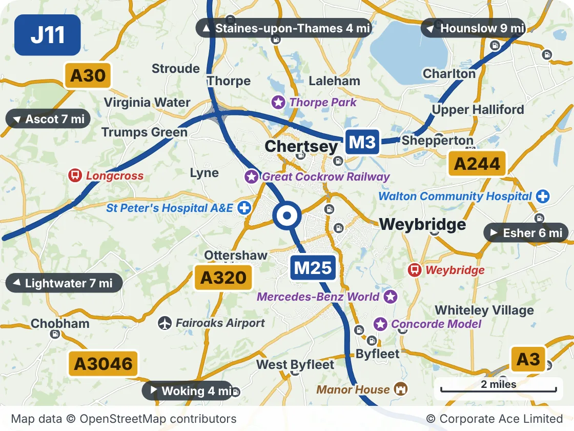 Map of the area within about 5 miles of M25 Junction 11: Chertsey, showing the towns, villages, roads and places to visit
