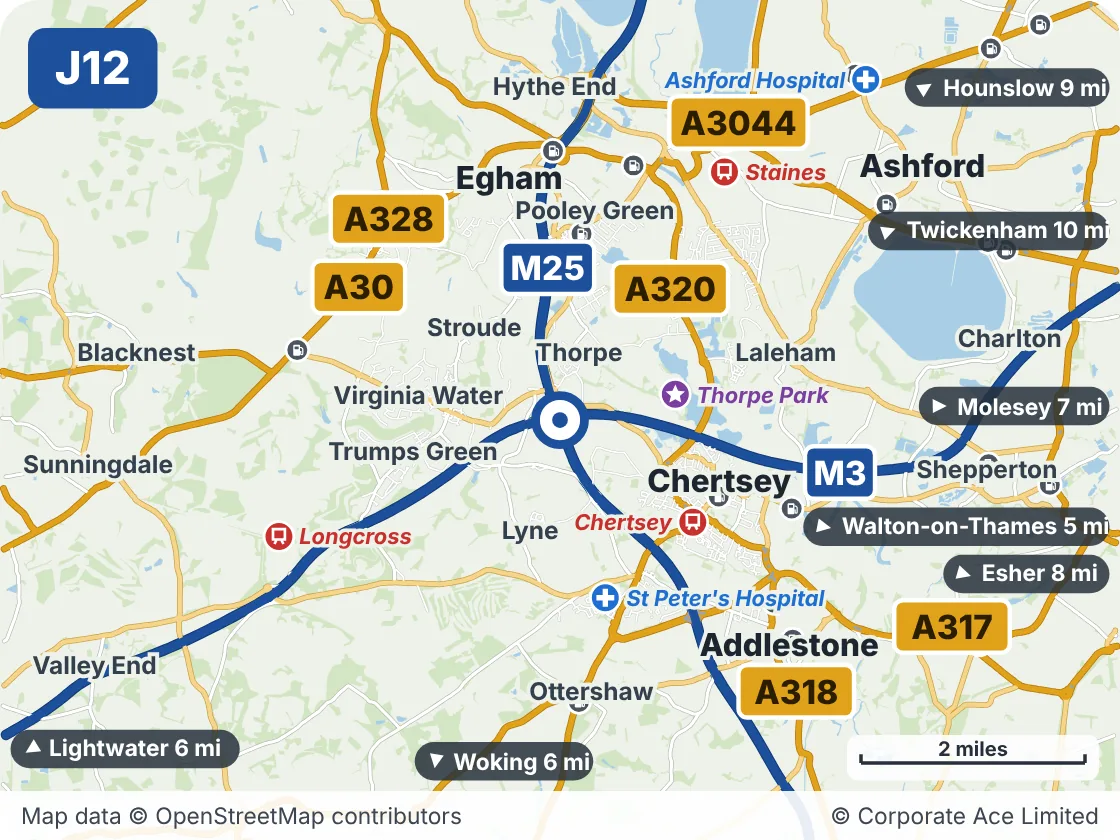 Map of the area within about 5 miles of M25 Junction 12: Thorpe, showing the towns, villages, roads and places to visit