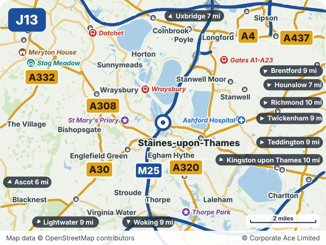 Map of the area within about 5 miles of M25 Junction 13: Runnymede, showing the towns, villages, roads and places to visit