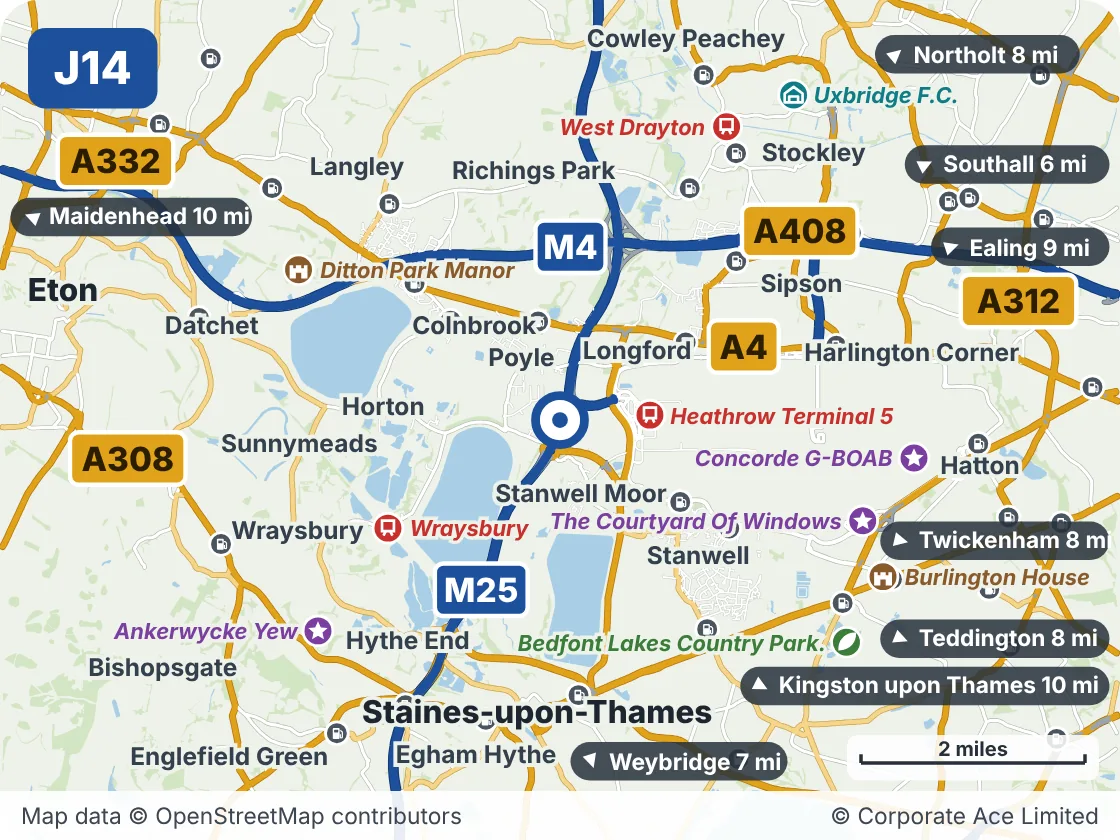 Map of the area within about 5 miles of M25 Junction 14: Poyle, showing the towns, villages, roads and places to visit
