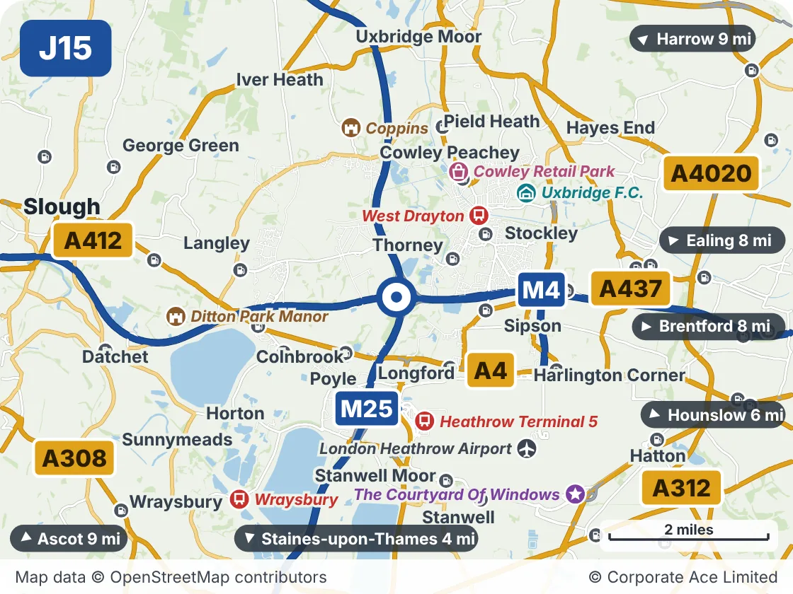 Map of the area within about 5 miles of M25 Junction 15: Thorney, showing the towns, villages, roads and places to visit