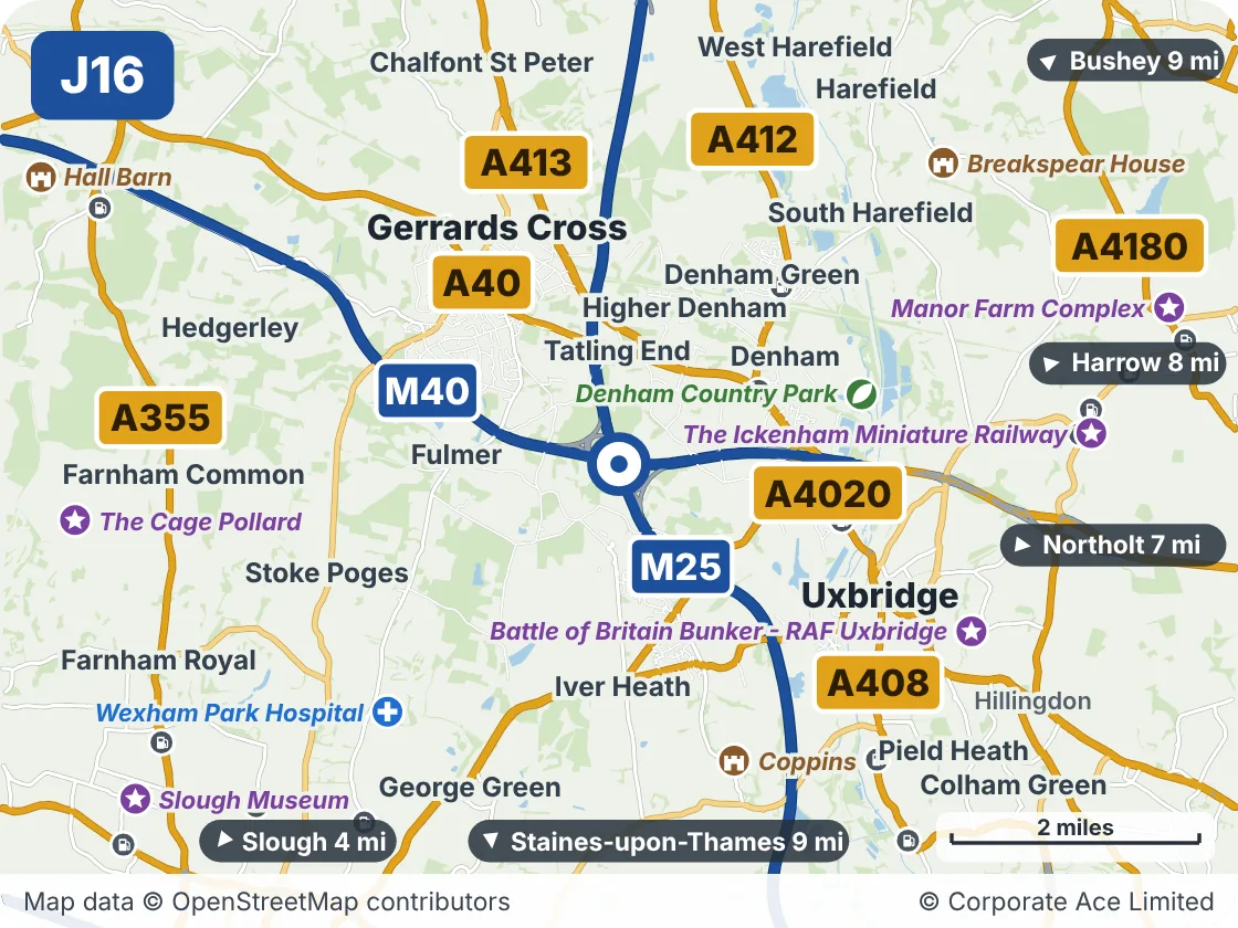 Map of the area within about 5 miles of M25 Junction 16: Denham, showing the towns, villages, roads and places to visit