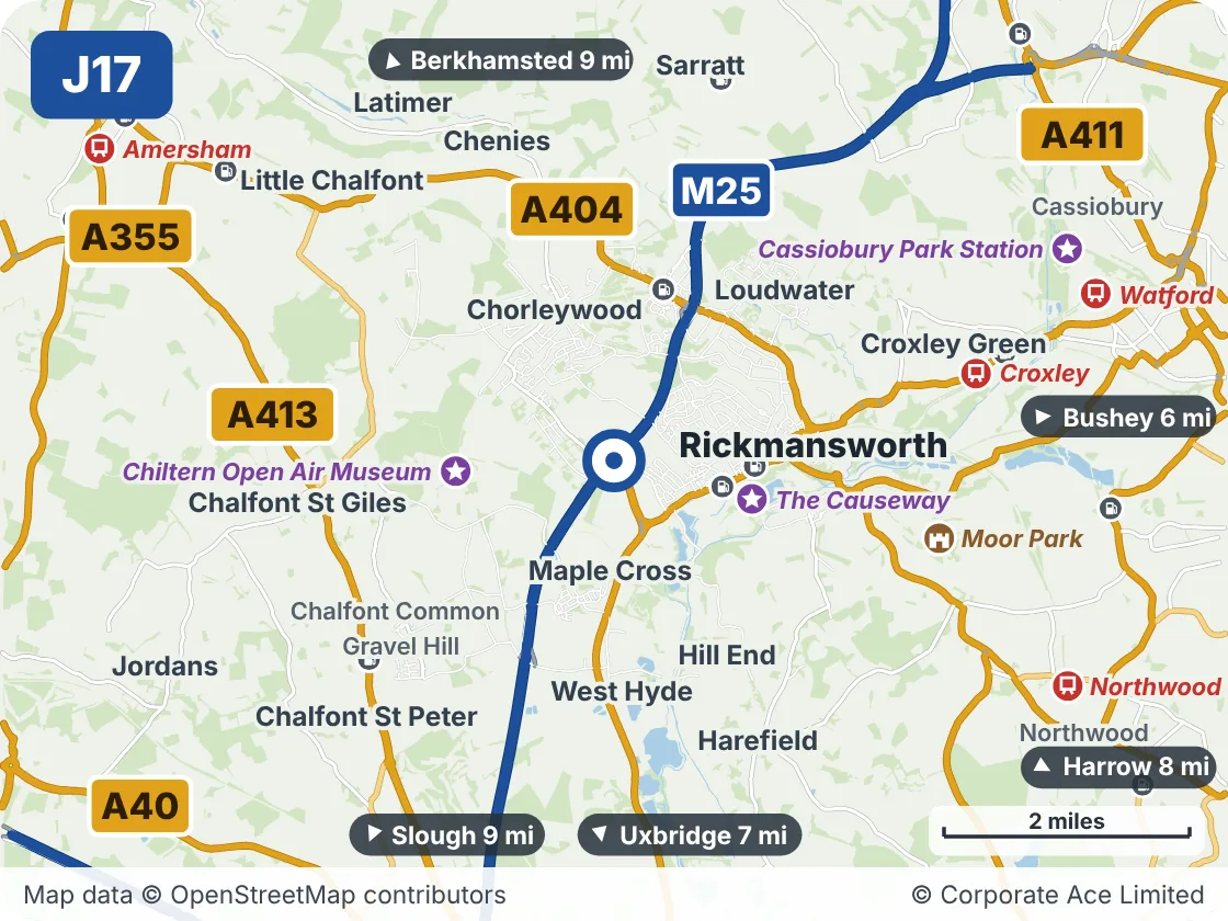 Map of the area within about 5 miles of M25 Junction 17: Maple Cross, showing the towns, villages, roads and places to visit