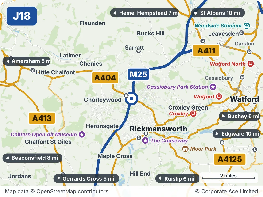 Map of the area within about 5 miles of M25 Junction 18: Chorleywood, showing the towns, villages, roads and places to visit