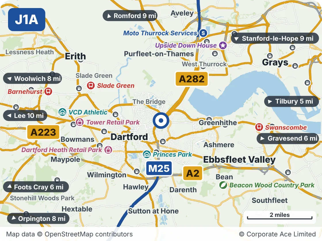 Map of the area within about 5 miles of M25 Junction 1A: Littlebrook, showing the towns, villages, roads and places to visit