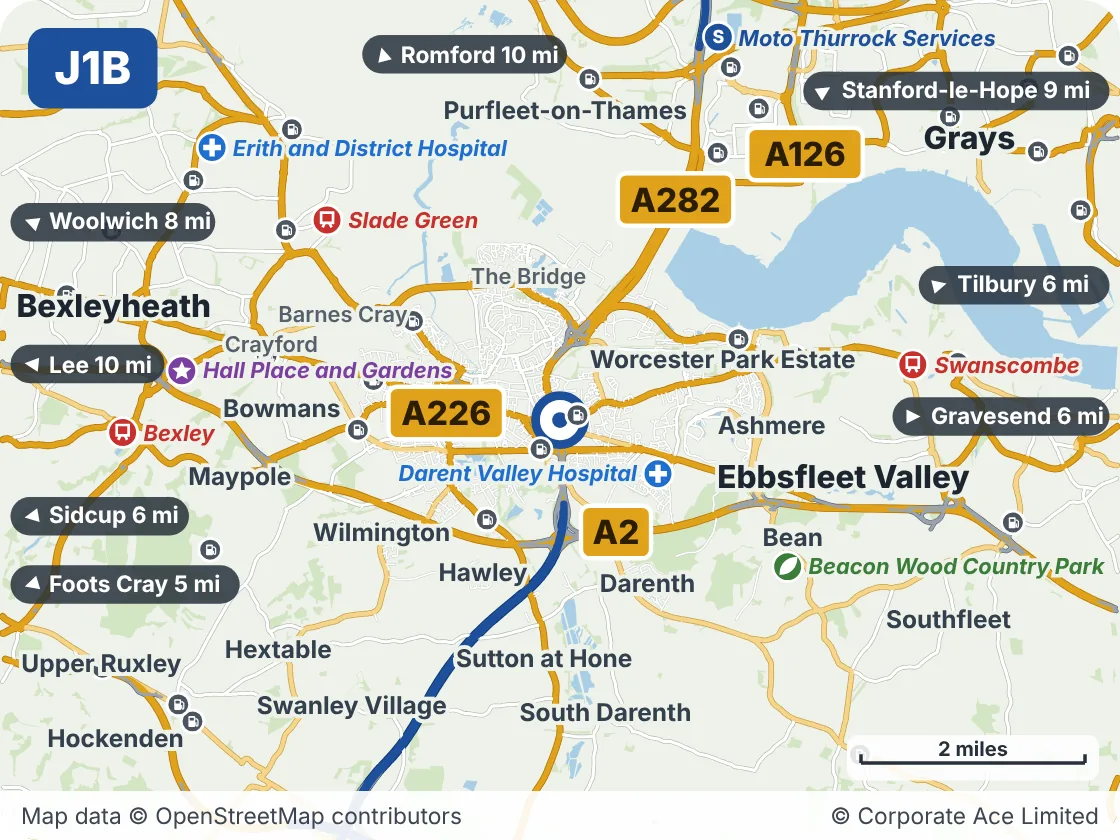 Map of the area within about 5 miles of M25 Junction 1B: Princes Road, showing the towns, villages, roads and places to visit