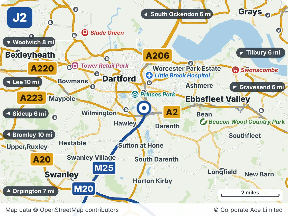 Map of the area within about 5 miles of M25 Junction 2: Darenth, showing the towns, villages, roads and places to visit