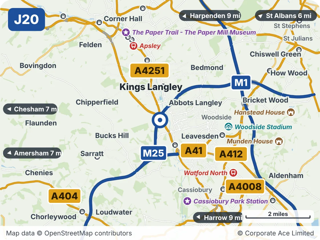 Map of the area within about 5 miles of M25 Junction 20: Kings Langley, showing the towns, villages, roads and places to visit