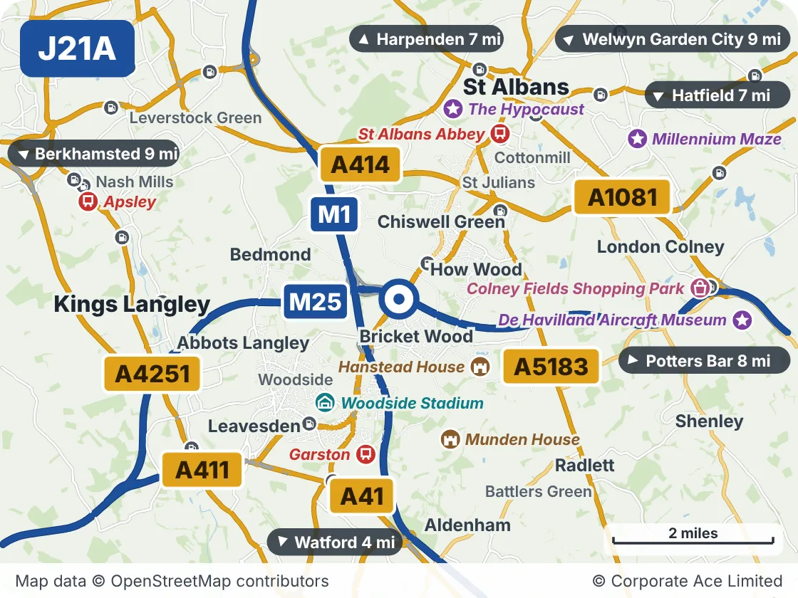 Map of the area within about 5 miles of M25 Junction 21A: Bricket Wood, showing the towns, villages, roads and places to visit