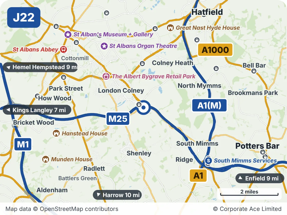 Map of the area within about 5 miles of M25 Junction 22: The Bell, showing the towns, villages, roads and places to visit