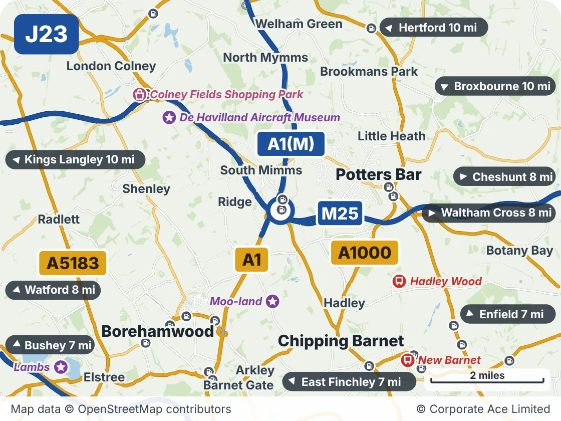 Map of the area within about 5 miles of M25 Junction 23: Bignells Corner, showing the towns, villages, roads and places to visit