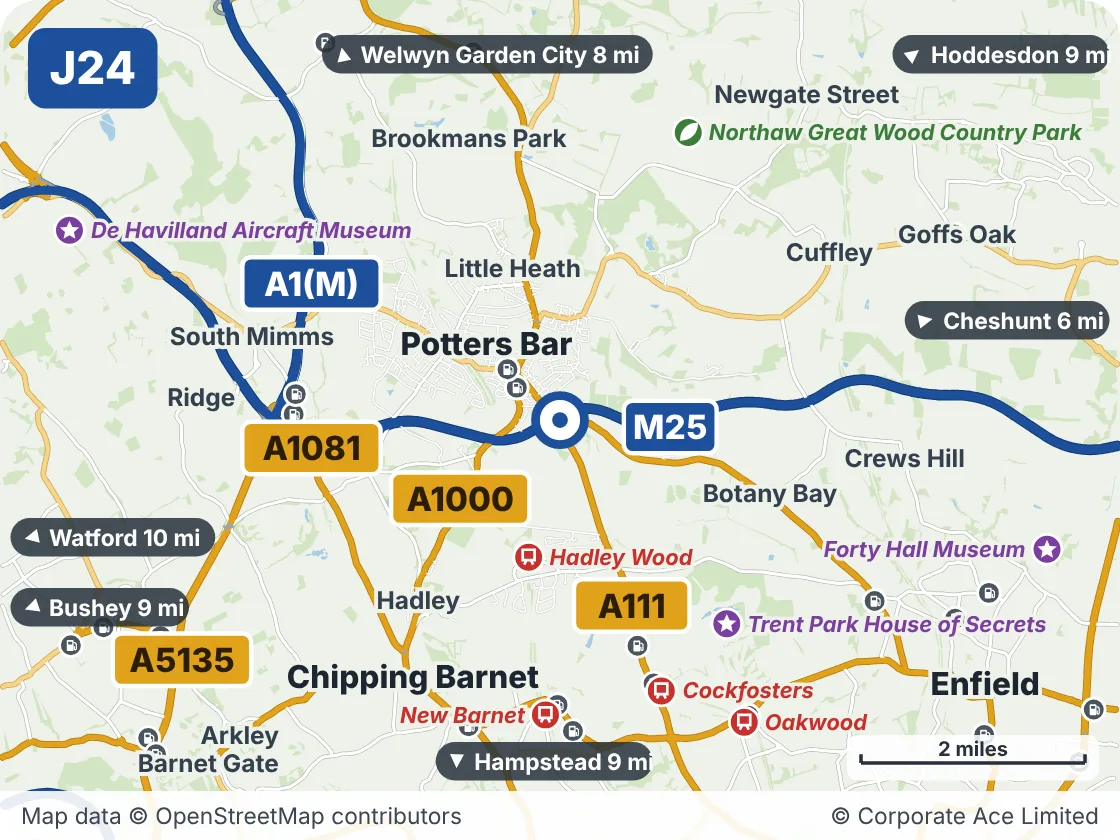 Map of the area within about 5 miles of M25 Junction 24: Potters Bar, showing the towns, villages, roads and places to visit