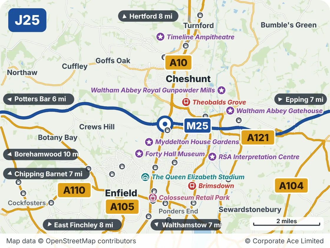 Map of the area within about 5 miles of M25 Junction 25: Waltham Cross, showing the towns, villages, roads and places to visit