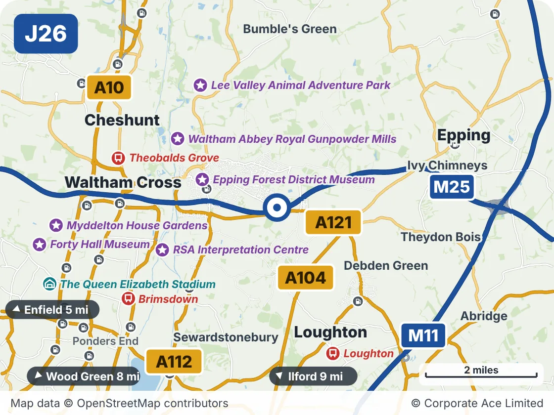 Map of the area within about 5 miles of M25 Junction 26: Waltham Abbey, showing the towns, villages, roads and places to visit