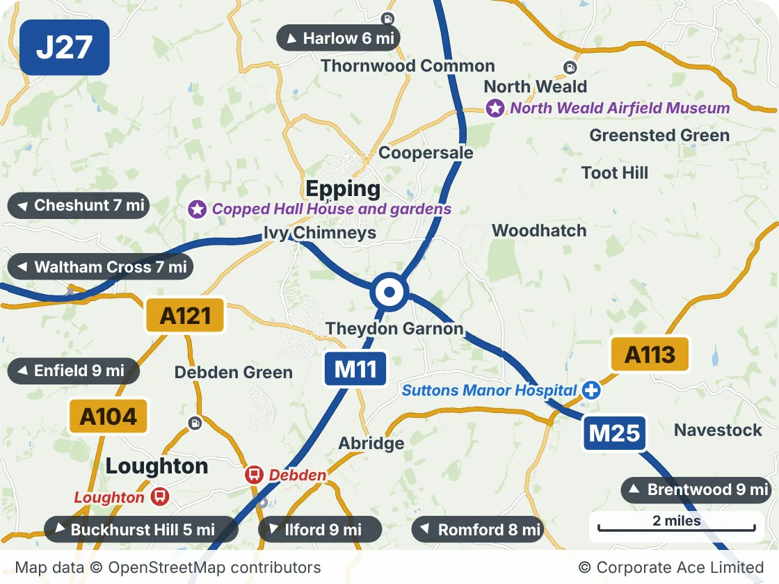Map of the area within about 5 miles of M25 Junction 27: Theydon, showing the towns, villages, roads and places to visit