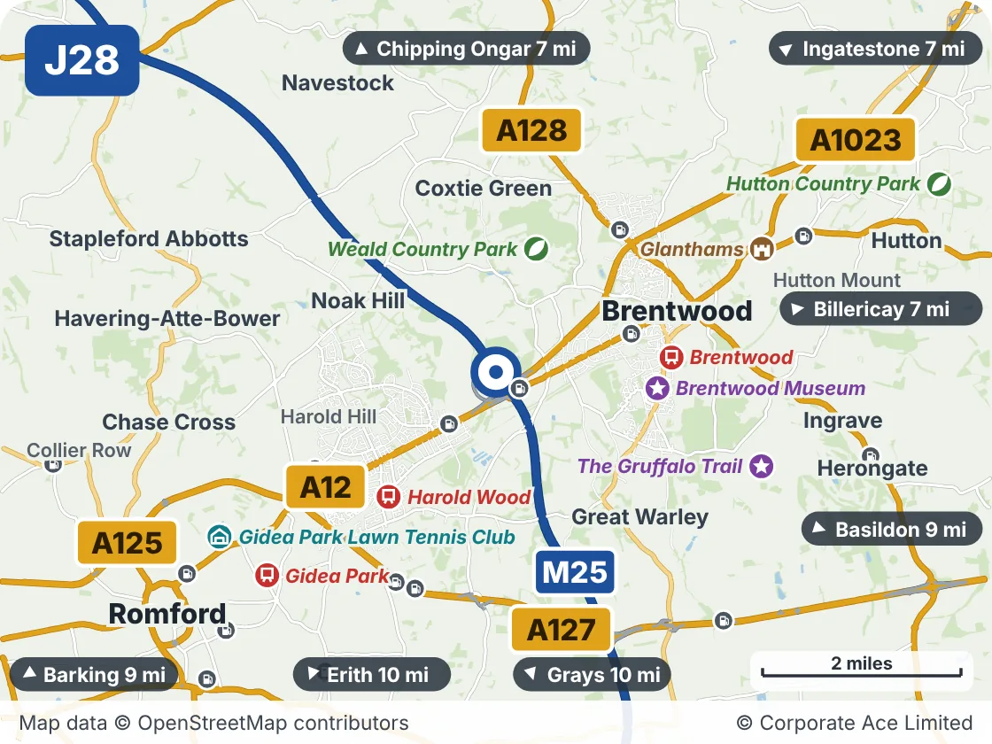Map of the area within about 5 miles of M25 Junction 28: Brook Street, showing the towns, villages, roads and places to visit