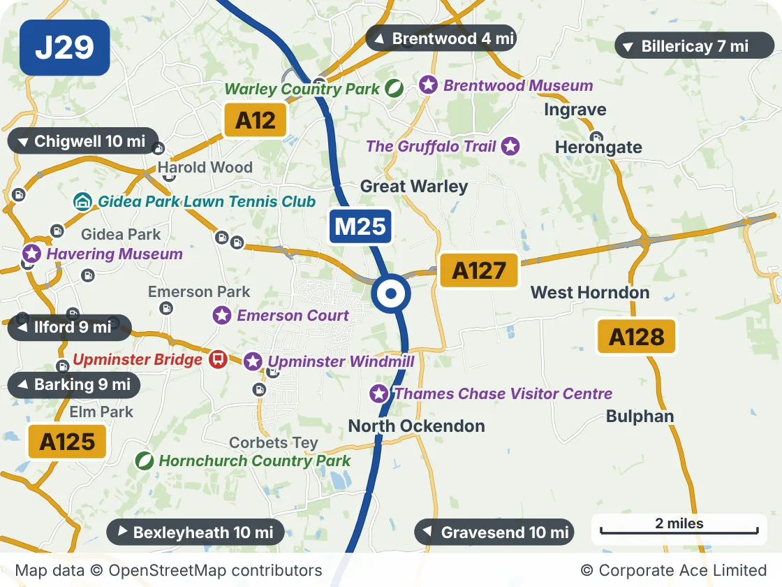 Map of the area within about 5 miles of M25 Junction 29: Cranham, showing the towns, villages, roads and places to visit