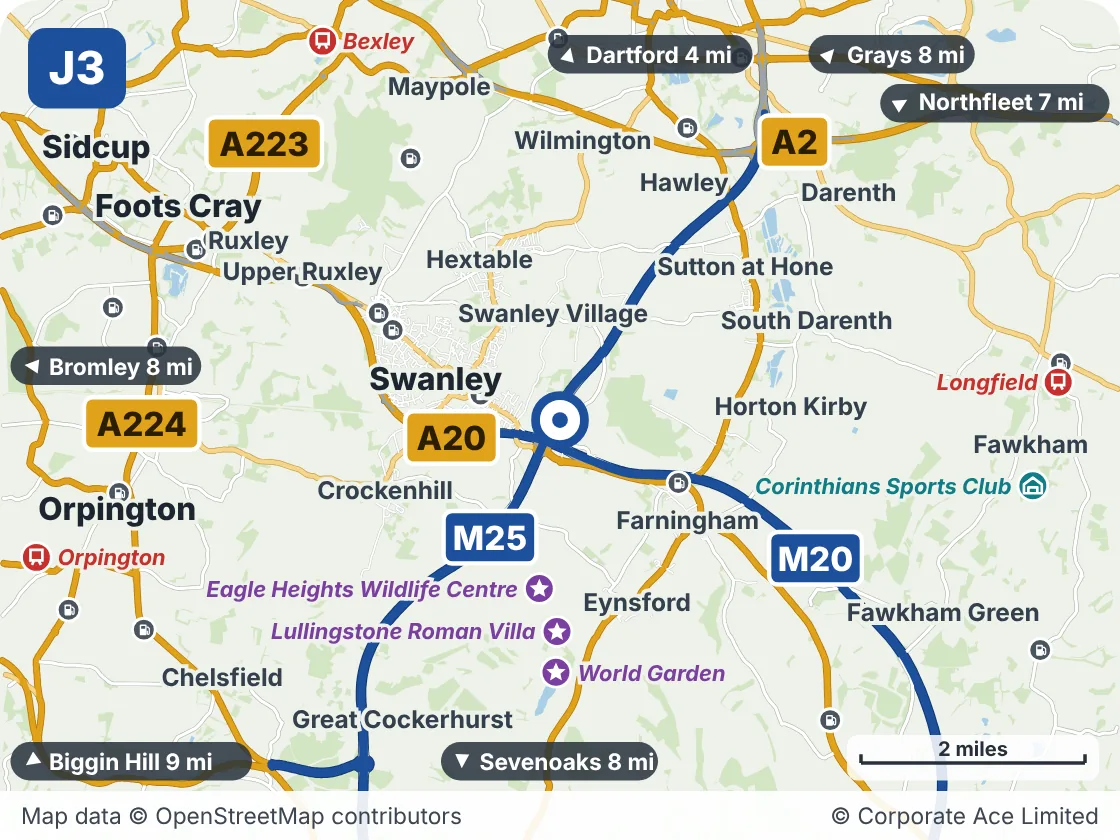 Map of the area within about 5 miles of M25 Junction 3: Swanley, showing the towns, villages, roads and places to visit