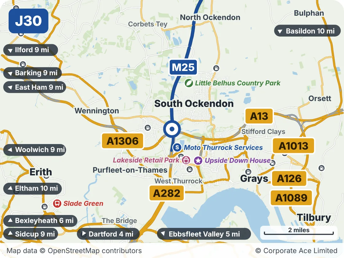 Map of the area within about 5 miles of M25 Junction 30: Mardyke, showing the towns, villages, roads and places to visit
