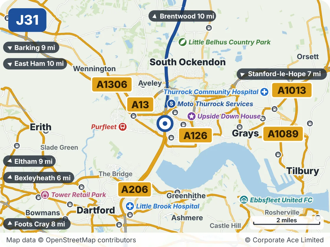 Map of the area within about 5 miles of M25 Junction 31: Purfleet, showing the towns, villages, roads and places to visit