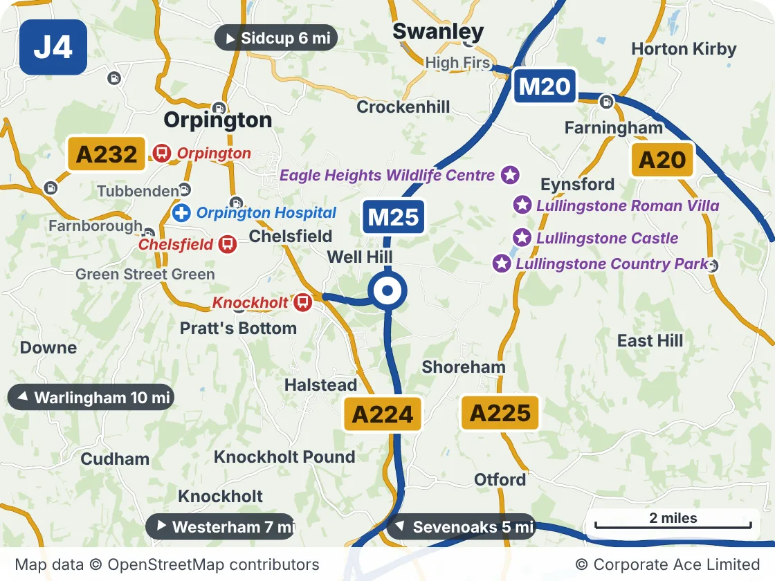 Map of the area within about 5 miles of M25 Junction 4: Hewitts, showing the towns, villages, roads and places to visit