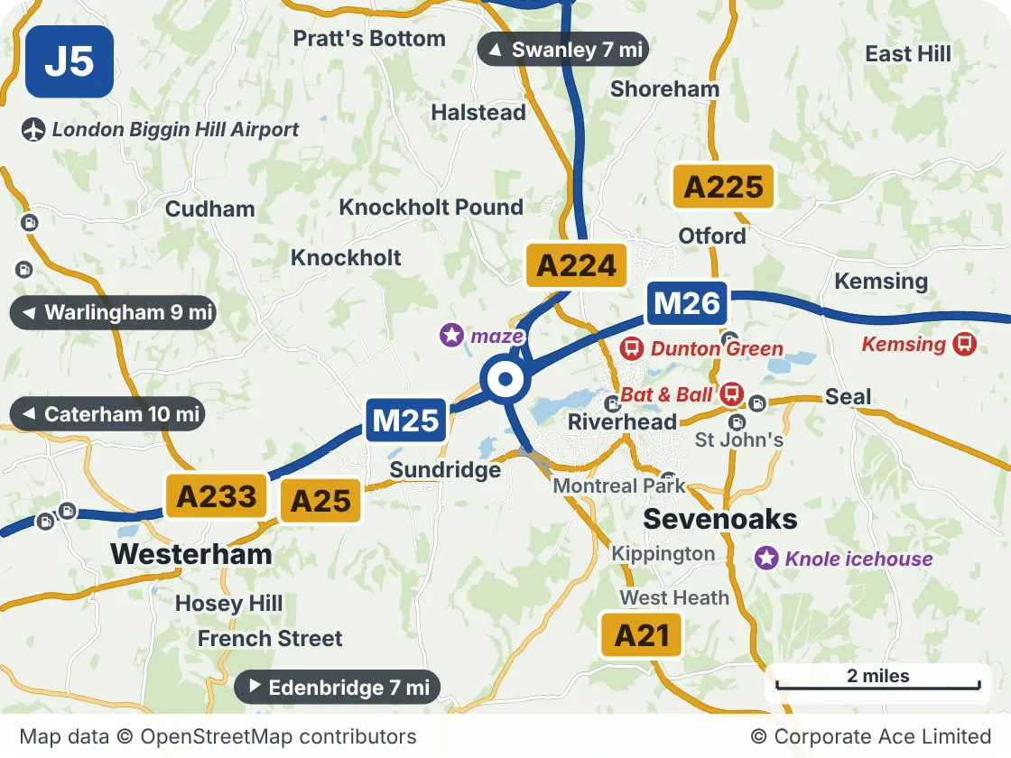 Map of the area within about 5 miles of M25 Junction 5: Chevening, showing the towns, villages, roads and places to visit