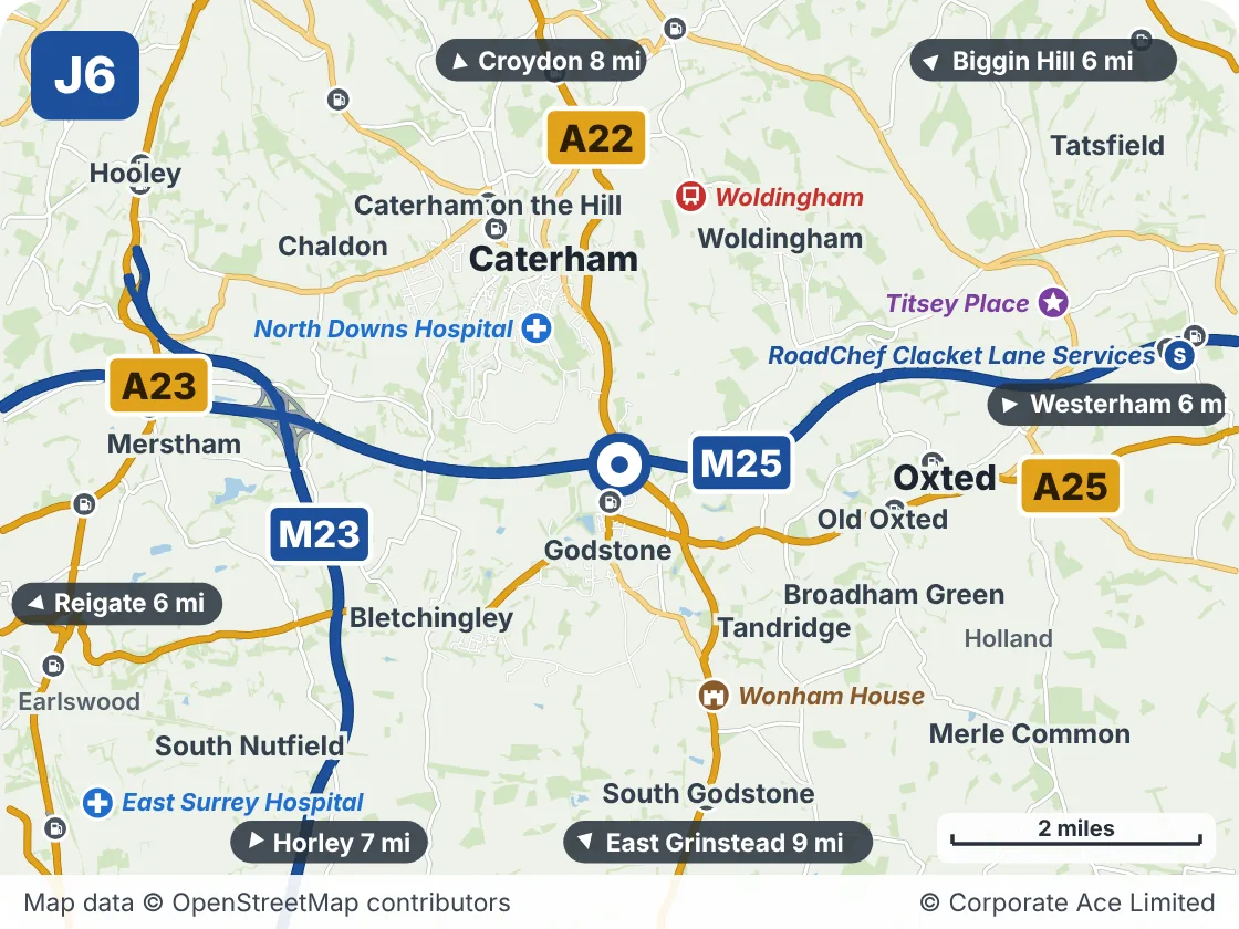 Map of the area within about 5 miles of M25 Junction 6: Godstone, showing the towns, villages, roads and places to visit