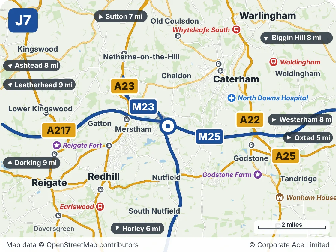 Map of the area within about 5 miles of M25 Junction 7: Merstham, showing the towns, villages, roads and places to visit
