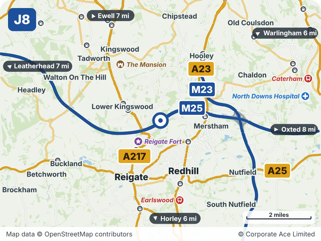 Map of the area within about 5 miles of M25 Junction 8: Reigate Hill, showing the towns, villages, roads and places to visit