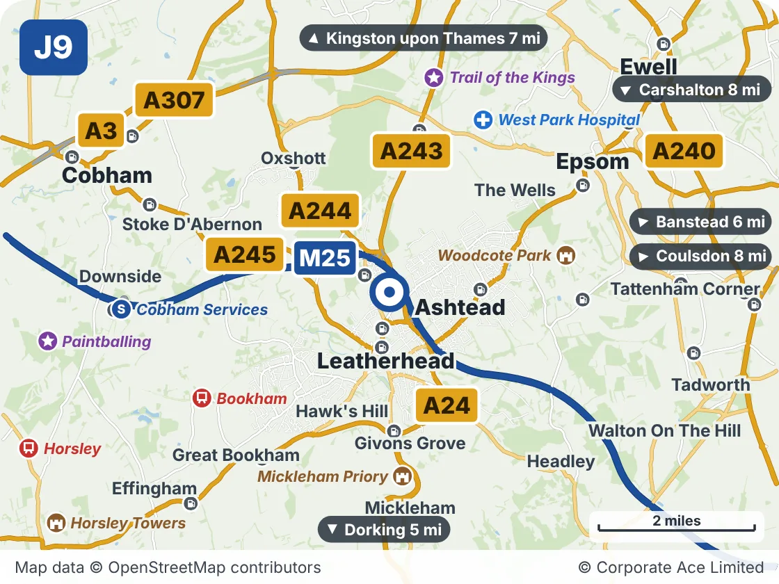 Map of the area within about 5 miles of M25 Junction 9: Leatherhead, showing the towns, villages, roads and places to visit