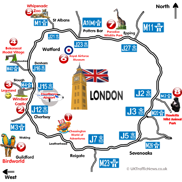 map of attractions around the M25 motorway - days out