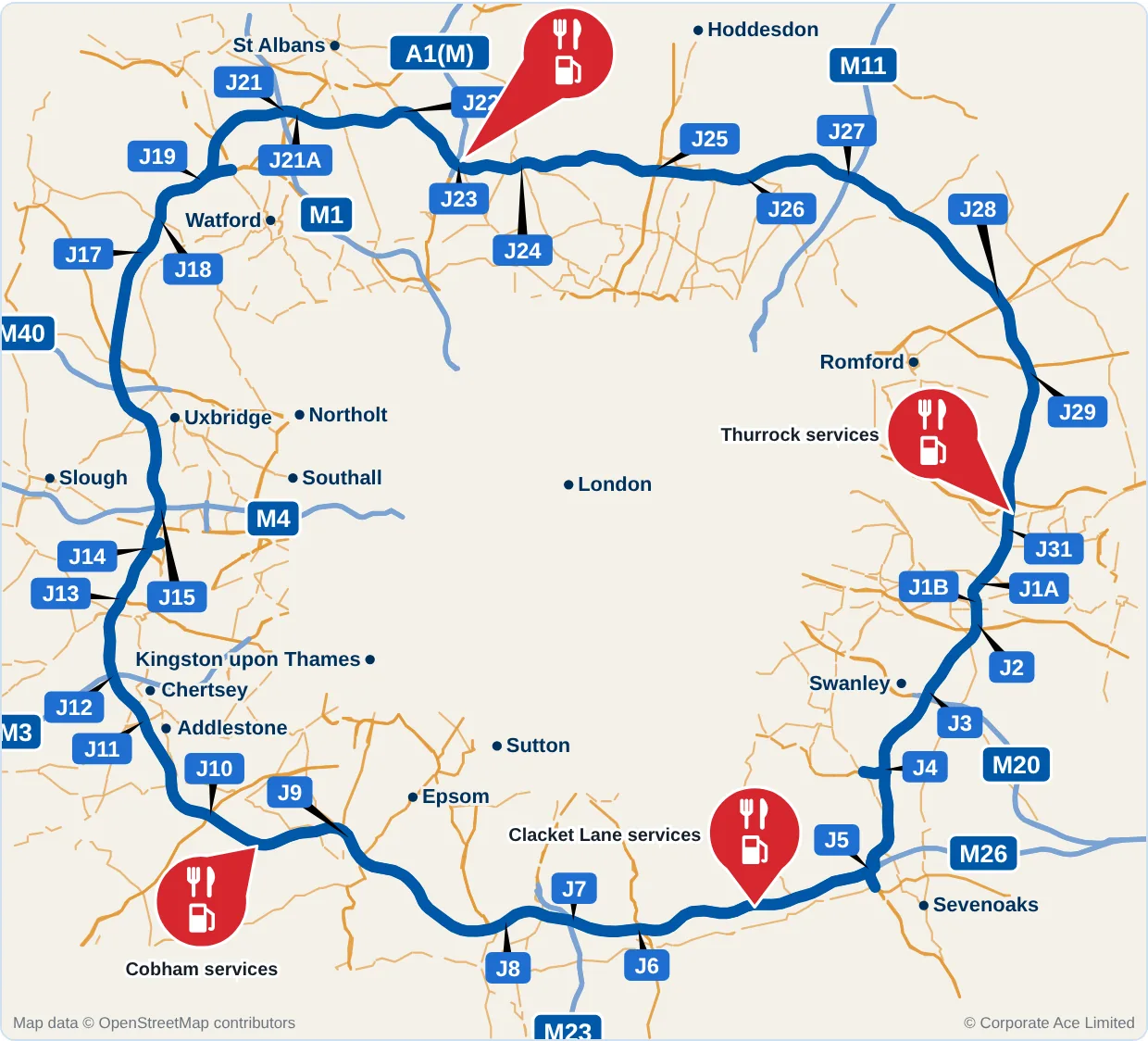 Map of the M25 motorway services: South Mimms, Thurrock, Clacket Lane and Cobham