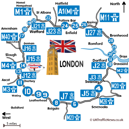 map of the m25 motorway junctions connecting with other motorways